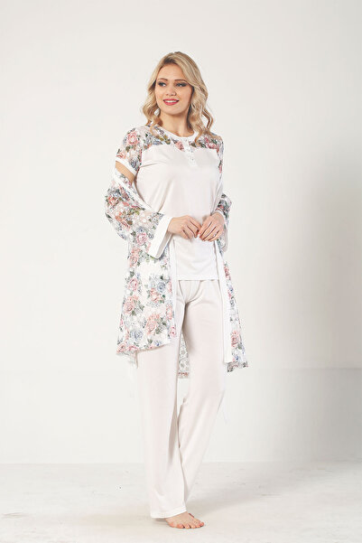 ALİMER Ekru Dantel Sabahlıklı Kutulu Kadın Pijama Takımı 2332