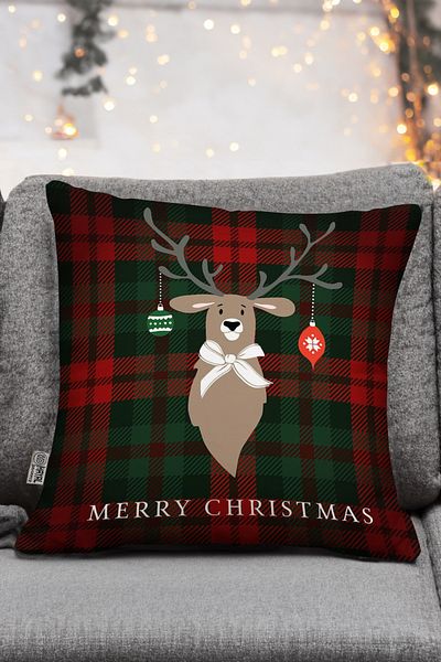 Hayal Dekoratif New Year's Themed Red Green Deer Pattern Plaid Digital Print Gift 4-Piece Pillow Throw Pillow Cover