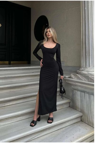 Afiş Butik Slit Detailed Square Neck Backless Maxi Dress