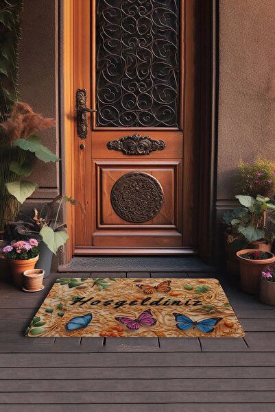 Valerine Life Ahşap Oyma Temalı Kelebekli Hoş Geldiniz Kapı Önü Paspası 45x70cm