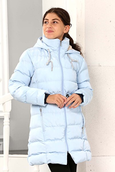 Buket Tekstil Palton pentru fetiță, albastru, extra moale, cu umplutură în talie, cu glugă de pluș, cu blană artificială