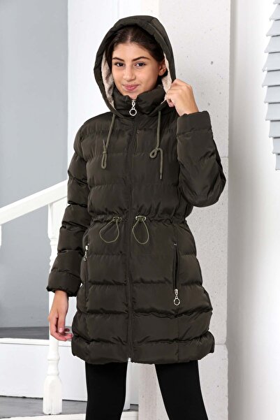 Buket Tekstil Κοριτσίστικο Χακί Extra Soft Γεμιστή Μέση Λεπτομερές βελούδινο παλτό με κουκούλα με ψεύτικη γούνα στο εσωτερικό