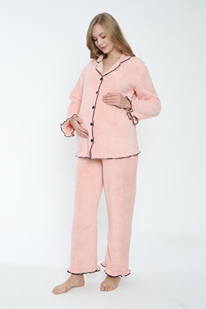 Miss Dünya Lissa Önden Düğmeli Hamile ve Lohusa Peluş Pijama Takımı