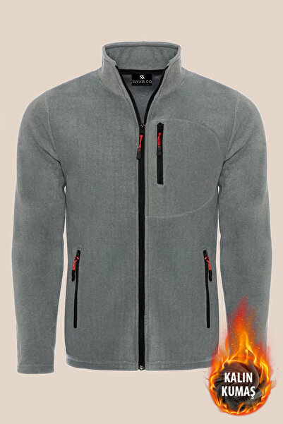 SUVASS CO Suvv Erkek Polar Gri Renk Tam Fermuarlı 3 Cepli Kalın Outdoor Polar...