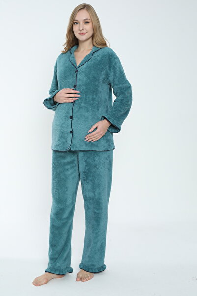 Miss Dünya Lissa طقم بيجامة قطيفة بأزرار أمامية للحوامل والحوامل
