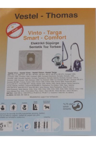 Vestel Vinto Thomas 5-piece (X2 10 Pieces) Synthetic Dust Bag Set
