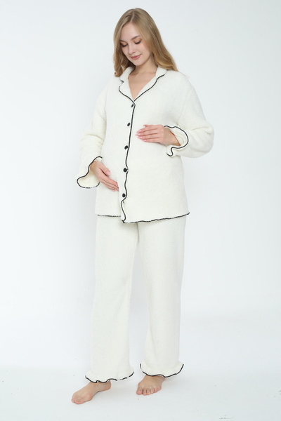 Miss Dünya Lissa Önden Düğmeli Hamile ve Lohusa Peluş Pijama Takımı