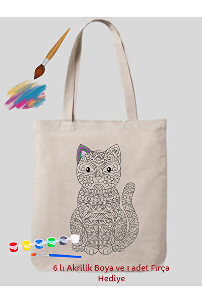 Cemira Mandala Kedi Boyama Çantası Hobi 35*40 cm Ham Bez Çanta Boyama