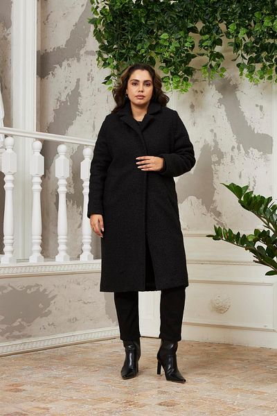 RMG Gamze Fashion Butik Plus Size Black Coat with Curly Lining Inside
