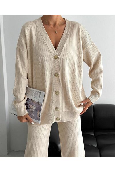 Leo Ferre Set de tricotaje pentru femei, cardigan-pantaloni cu nasturi aurii