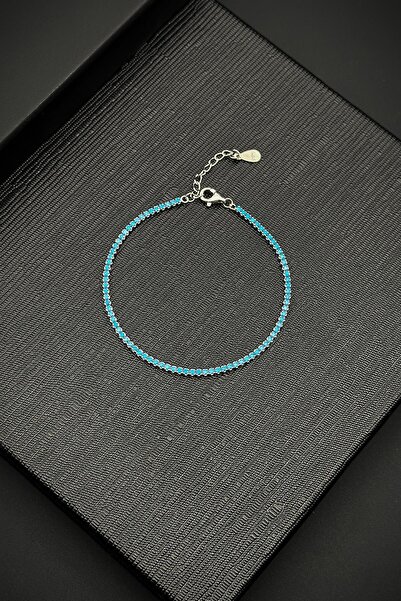 FRNCH 925 Ayar Gümüş 2MM Zirkon Taşlı Turkuaz Renk Tennis Erkek Bileklik FRJ1...