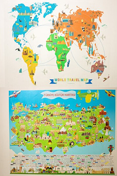 Farklı Bi Kağıt Türkiye Kültür ve World Travel Map Renkli Baskı Statik Tutunm...