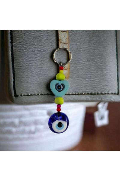 Mixperi Evil Eye Beaded Turquoise Color Heart Keychain in Gift Box