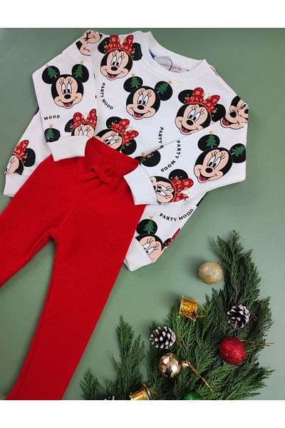 Elidabutik New Year's Mikky Mouse Printed Top and Bottom Set