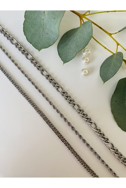 Fynbos Stainless Steel 3-Piece Women's & Men's Silver Chain Combination Bracelet Set & Anklet Set