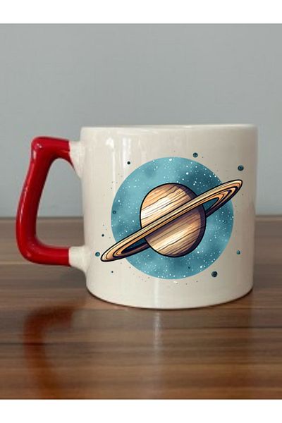 lili hediyelik Saturn Patterned Printed Red Handled Mug Cup - Ceramic Tea, Coffee Gift Cup
