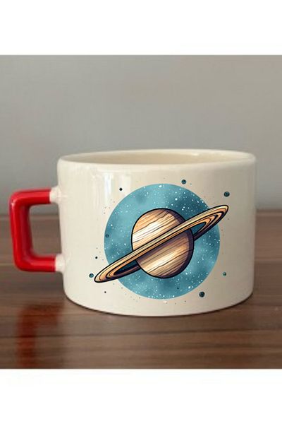 lili hediyelik Saturn Printed Cup with Red Handle Ceramic Mug - Ceramic Tea, Coffee Gift Cup