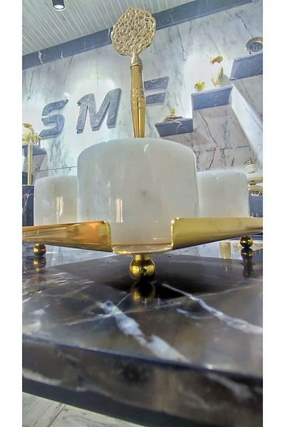 Sümeyra Marble Art WHITE MARBLE SPICE COOKER SET OF 5 GOLD METAL STAND