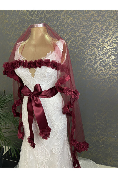 ecrin tuhafiye hobi Bordo Komple Üç Boyutlu Çiçekli Gelin Kına Duvağı Seti