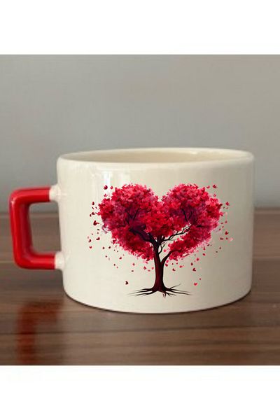 lili hediyelik Heart Tree Printed Red Handle Cup Ceramic Mug - Ceramic Tea, Coffee Gift Cup