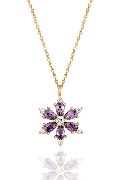 Bilsen Store 925 Ayar Gümüş Zincirli Rose Kaplama Ametist Damla Taşlı Kamelya Lotus Çiçeği Kolye