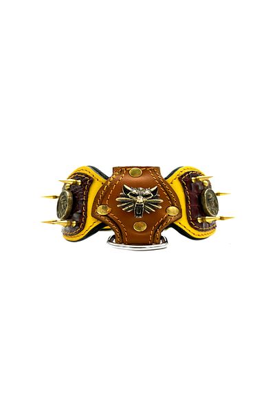 Tasma Market Yellow-Brown Luxury Leather Dog Collar with Wolf Head