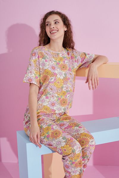 Siyah İnci colorful flower patterned Lycra Knitted Pajama Set