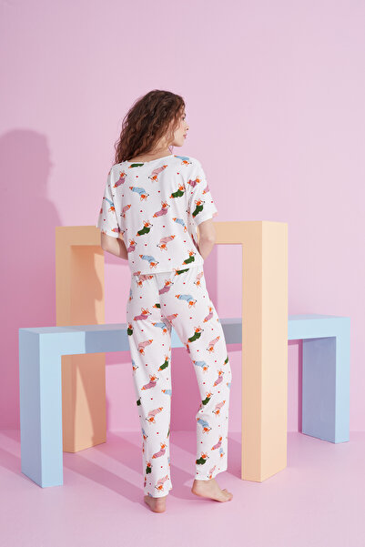 Siyah İnci színes kutyamintás lycra Kötött pizsama szett