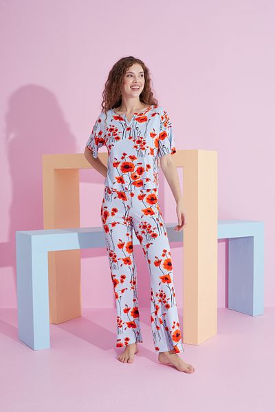 Siyah İnci Set de pijama tricotat Lycra cu model de flori albastre rosii