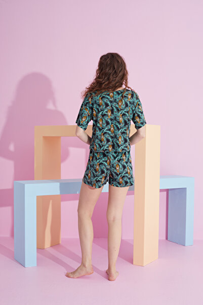 Siyah İnci Πλεκτό μπλουζάκι-Σορτς πιτζάμα με πράσινο σχέδιο λύκρα