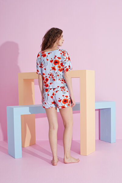 Siyah İnci Set de pijama tricou-short din lycra cu imprimeu floral albastru rosu