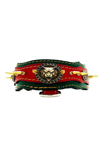 Tasma Market Red-Green Bear Head Luxury Leather Dog Collar
