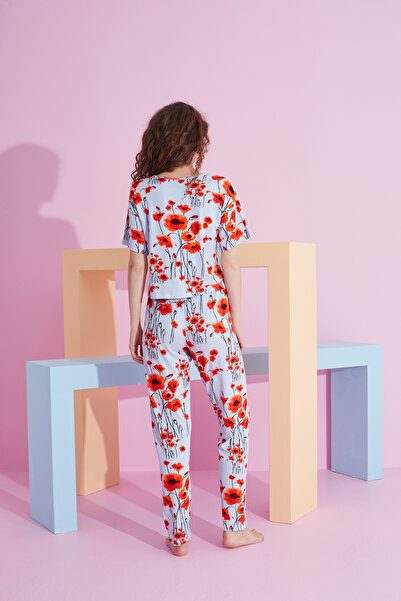 Siyah İnci Set de pijama tricotat Lycra cu model de flori albastre rosii