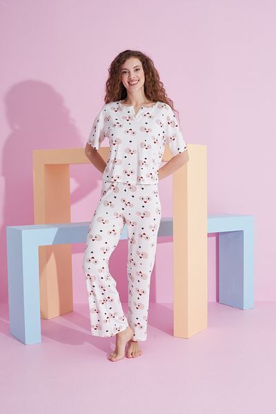 Siyah İnci Lycra Knitted Pajama Set with white eye pattern