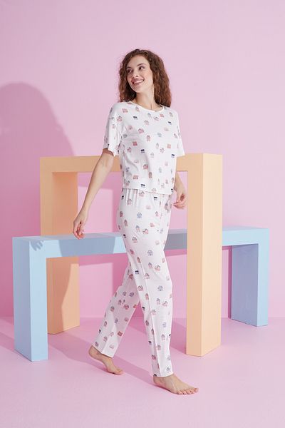 Siyah İnci Set de pijama tricotat Lycra cu model acasă de culoare albă