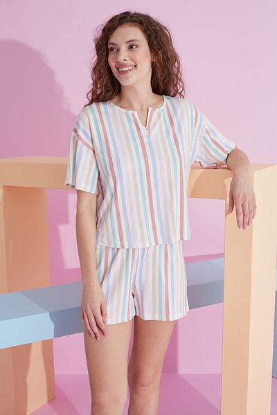 Siyah İnci line patterned Lycra Knitted T-shirt-Shorts Pajama Set