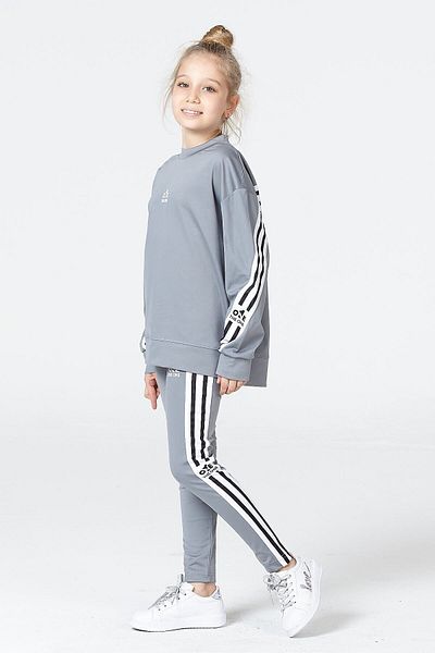 Black One Girl's Print Detailed Loose Slit Stripe Detailed Sports Stylish Tights-Sweat Set