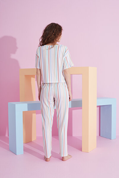 Siyah İnci çizgi desenli likralı Örme Pijama Takım
