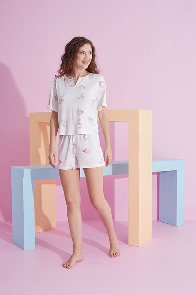Siyah İnci Set de pijama tricou tricotat din Lycra cu inimă albă
