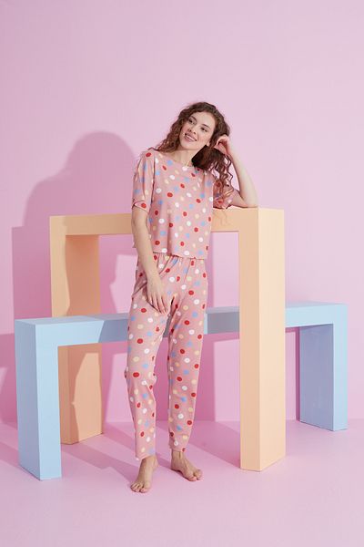 Siyah İnci colorful points patterned lycra Knitted Pajamas Set