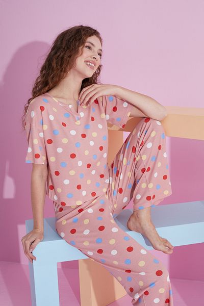 Siyah İnci colorful points patterned lycra Knitted Pajamas Set