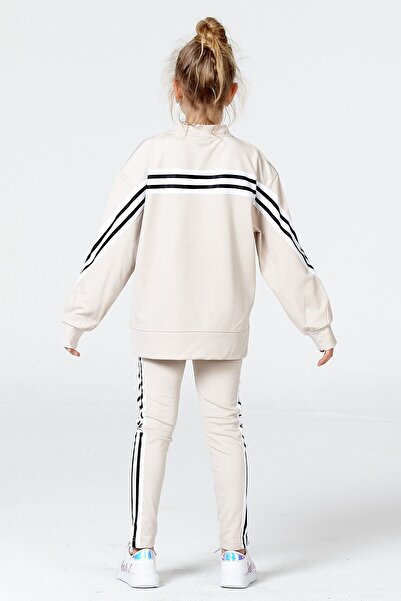 Black One Kız Çocuk Tayt Sweat Takımı Salaş Yırtmaçlı Şerit Detaylı