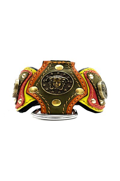 Tasma Market Yellow-Khaki Medusa Figured Luxury Leather Dog Collar