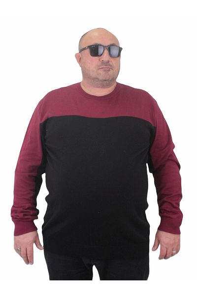 MocGrande Men's Large Size Crew Neck Double Color Knitwear Sweater 23751 Claret Red