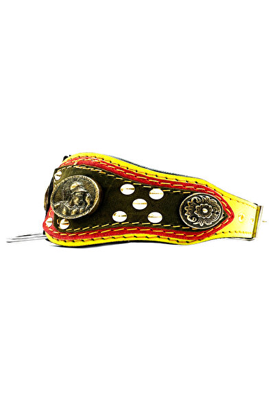 Tasma Market Sarı-Haki Medusa Figürlü Lüks Deri Köpek Tasması