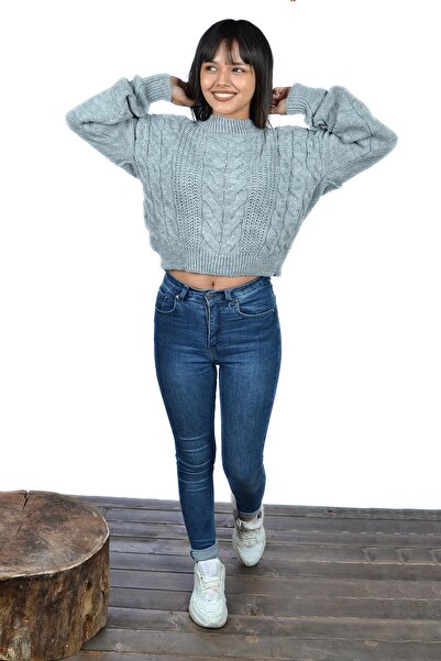 toptanhanem Сив вълнен пуловер с къс ръкав - стилен и удобен