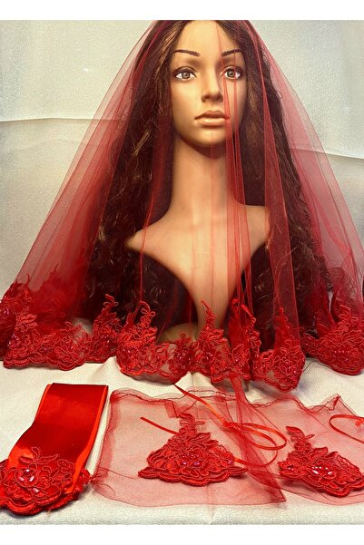 yörük tuhafiye Kırmızı Güpürlü Dantelli Gelin Duvak Eldiven Kuşak Tam Set Düğ...