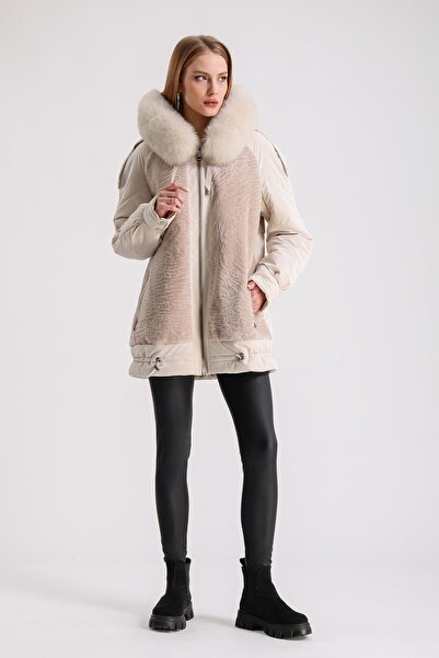 Leather Club Bej Fox Aksesuarlı Astragan Kürk Garnili Şişme Mont