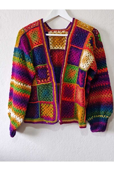 Nihalce Çok Renkli - Kısa El Örgüsü Yünlü Ceket