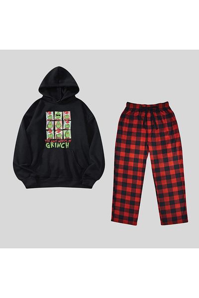Touz New Year Grinch Collage Printed Black Unisex Oversize Bottom Top Hooded Set of 2